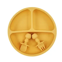 BPA-Free Silicone Suction Dining Set for Children - Includes Smiley Face Plate, Spoon, Fork, and Bib (Yellow 3pcs set)