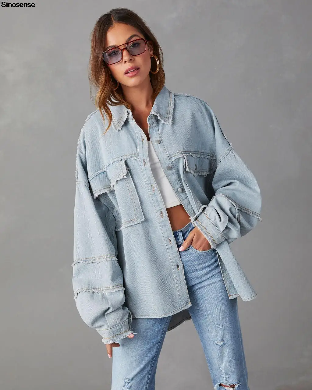 

Women Oversized Denim Jacket Long Sleeve Button Up Shacket Pockets Boyfriend Distressed Jean Jacket Casual Trucker Jackets