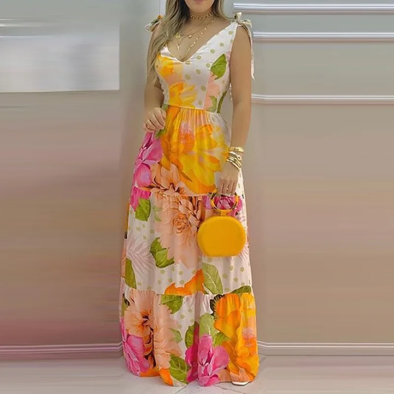 

High Waist V-neck A-line Dress Tank Tops Backless Big Swing Dress Women Sleeveless V-neck Summer Beach Wear Maxi Dress