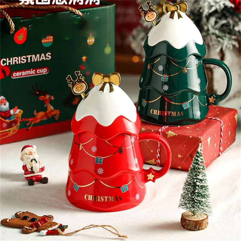 Ceramic Coffee Cup Christmas Tree Mug With Lid Spoon Girls Office Cute Coffee Cups And Mug Couple Supplies Christmas Gift