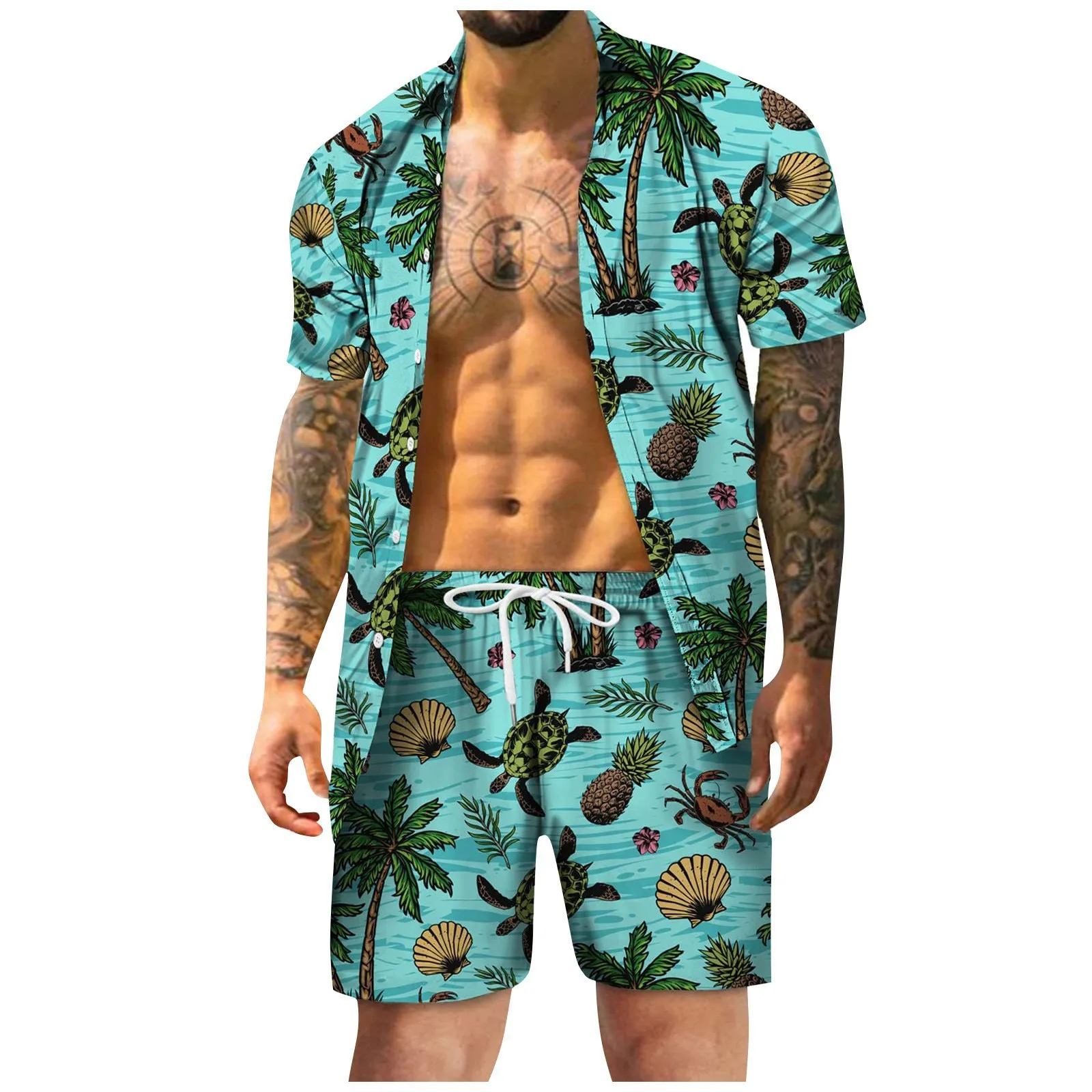 thumbnail image 1 of Conjuntos de camisas para hombre, estampado 3D, retazos, solapa, camisa informal de manga corta, pantalones cortos de playa de gran tamaño, ropa de calle de verano, trajes hawaianos, 1 of 5