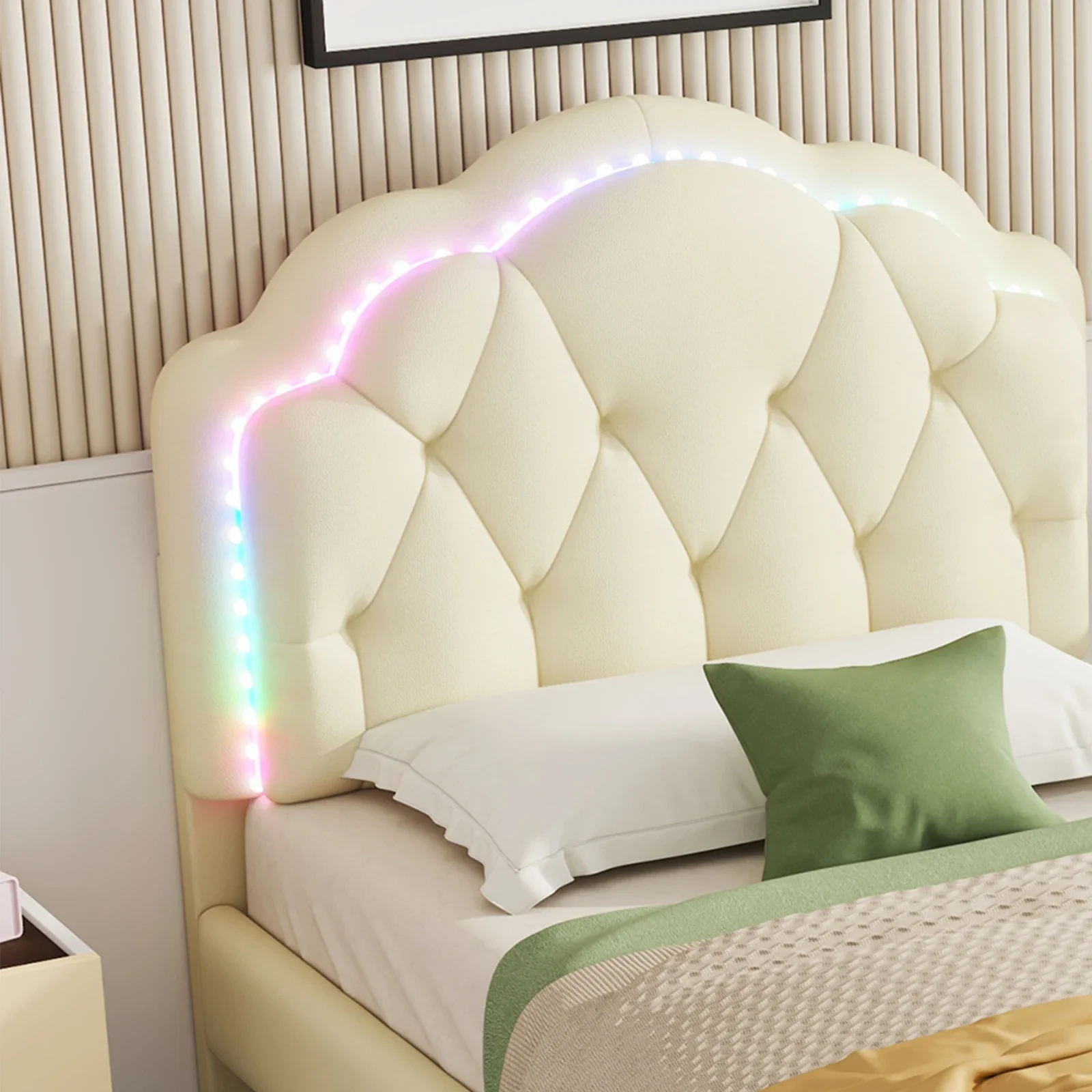 Rosahqnda 90*200cm Kinderbett mit LED-Einzelbettgestell Mädchenbett Polsterbett Jugendbett mit Wellenkopfteil PU weiß – Detail 6