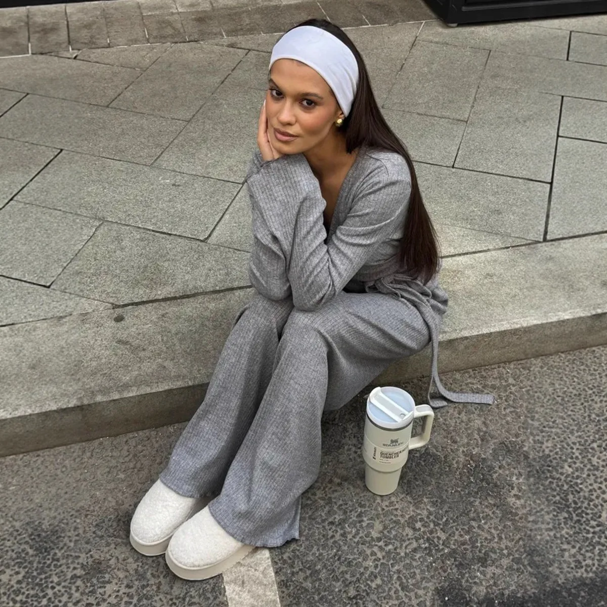 Bornladies 2026 Spring New V Neck Knitted Pants Set Women's Slim Fit Ribbed Tie Waist Long Sleeve Two Piece Outfit