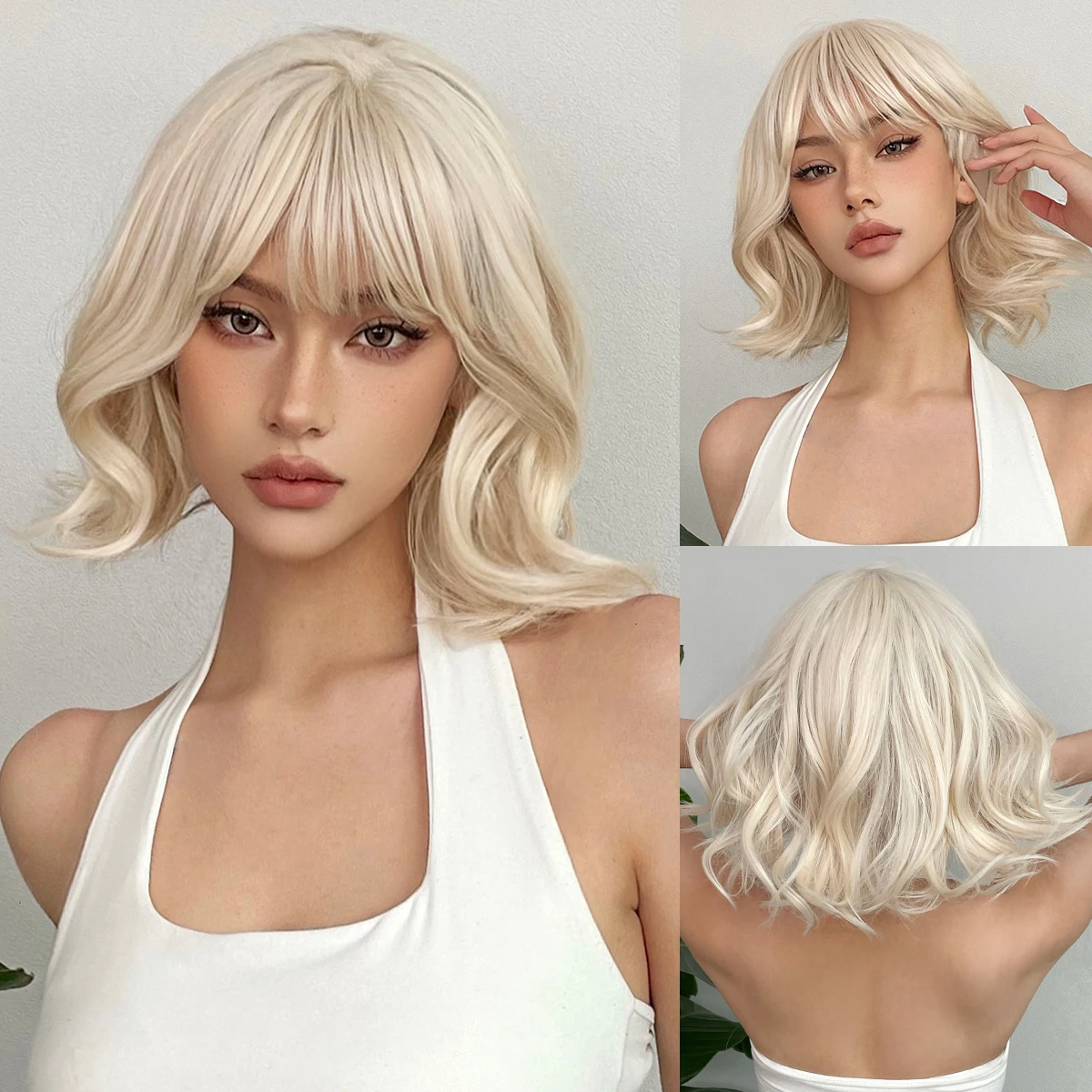 Short Bob Platinum Blonde Natural Hair Wig with Bangs for Cosplay Synthetic Wavy Curly Light Blonde Women Wig Heat Resistant