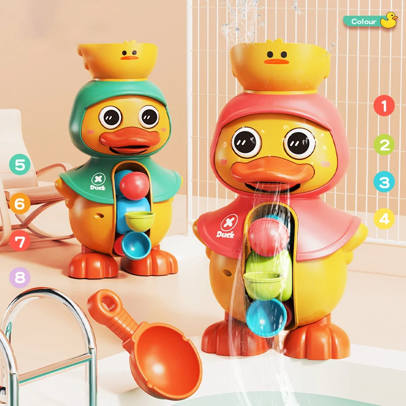Фото Детские Игрушки для ванны, милая утка, Игрушки для ванны для малышей 1-4 лет с вращающимися водными колесами, Мощное Всасывание воды для ванной комнаты №2