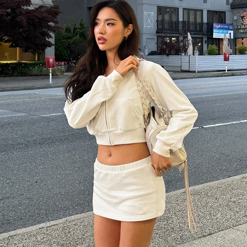 Autumn Fashion Hoodie 2 Piece-Set Skirt Female Cropped Zipper Cardigan Top And Skirt Sets Tracksuit Women's Sexy Outfits