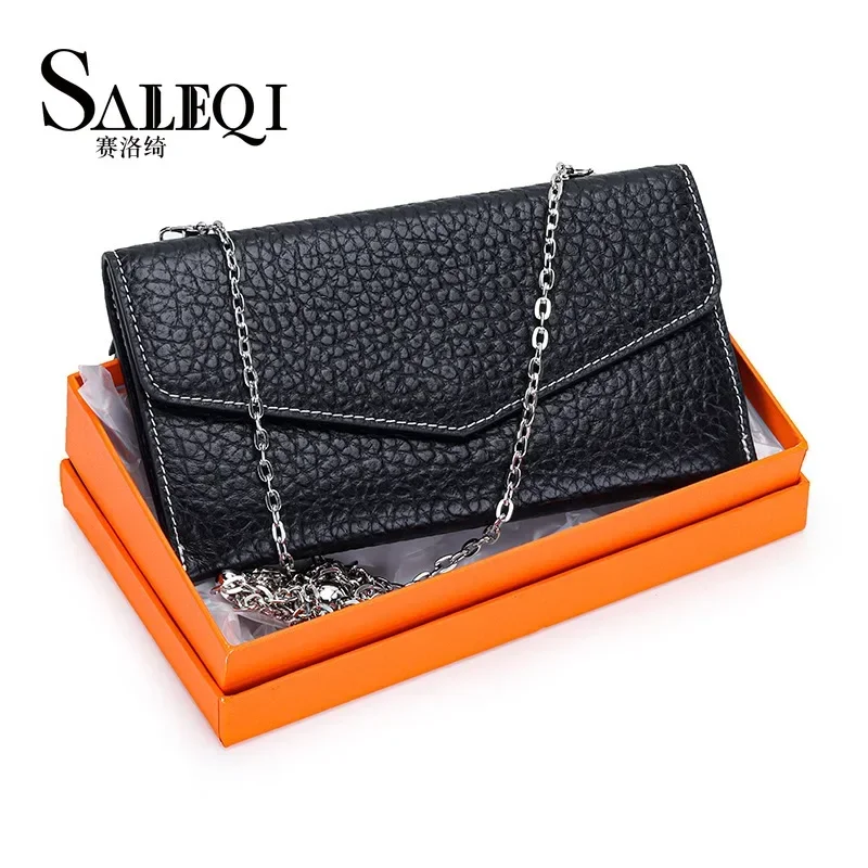 

Genuine leather long wallet soft cowhide small golden ball chain one shoulder crossbody mobile phone small bag