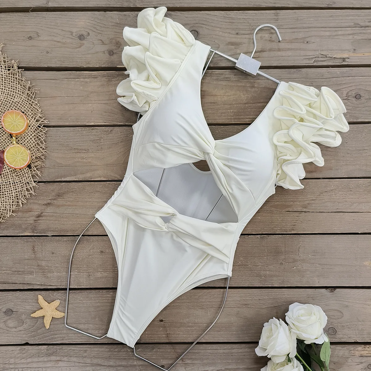 Women's Solid Color Swimwear Hollow Double-layer Ruffled Sexy Backless Swimsuit One-piece Swimsuit Bikini Summer Beach Wear