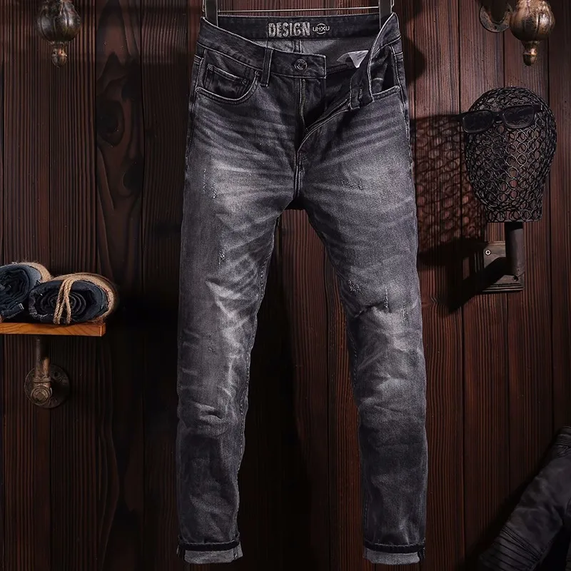 Fashion Vintage Men Jeans High Quality Black Gray Elastic Slim Fit Ripped Jeans Men Trousers Retro Designer Denim Pants Hombre