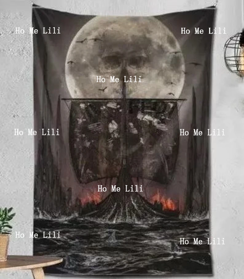 Черный гобелен викингов, темный мрачный корабль, демон, бедствия, Ворон, бог смерти, валахалла