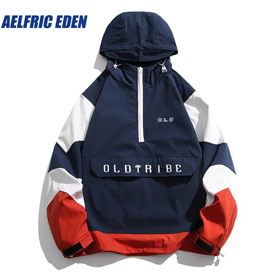 

Aelfric Eden Patchwork Half Zip Up Hoodie Men Japanese Vintage Oversize Coat Jacket Streetwear Casual Zipper Hooded Jacket Tops