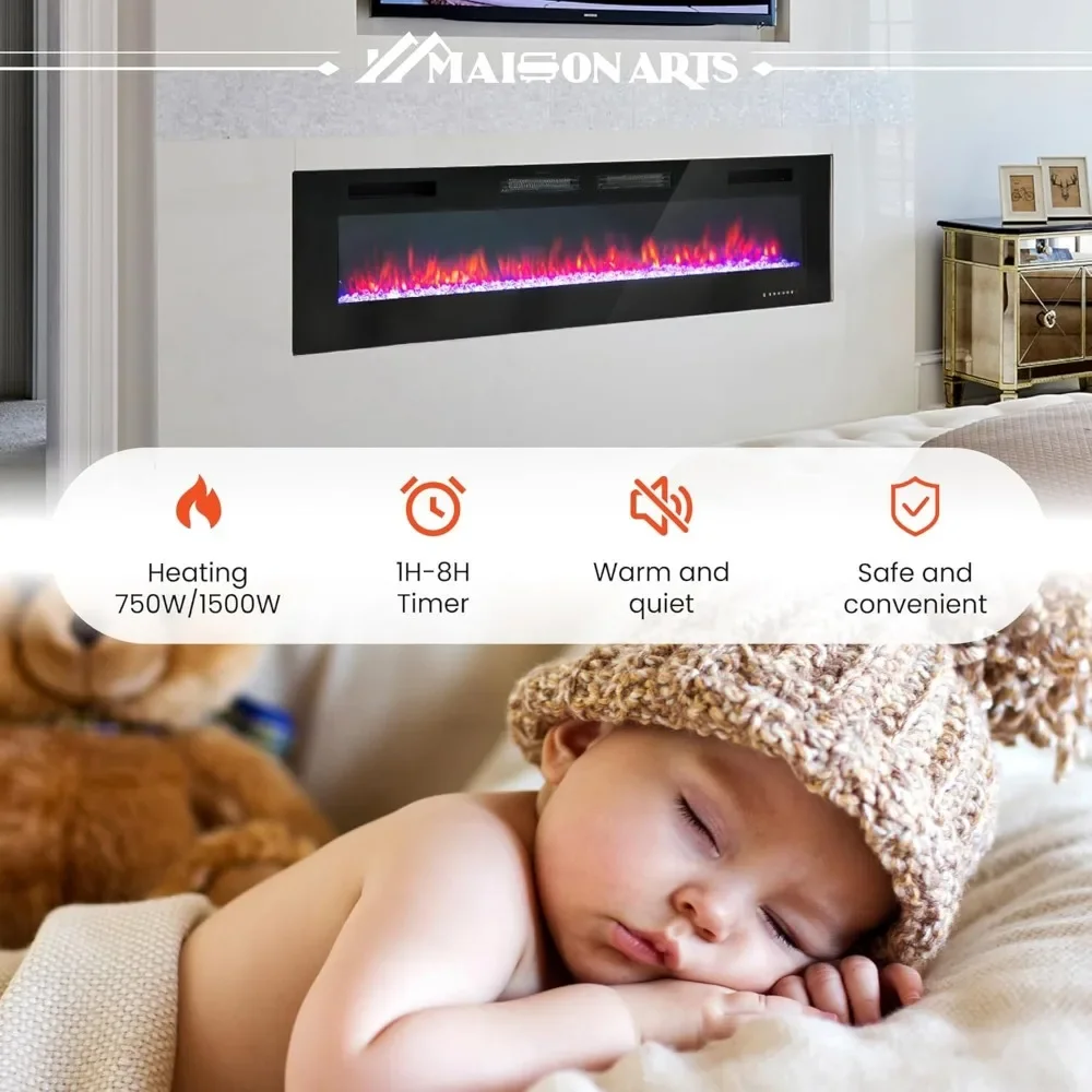 72" Electric Fireplace Indoor Wall Mounted & Recessed Fireplace Heater with Remote Control & Touch Screen,Timer, Fire Place 4