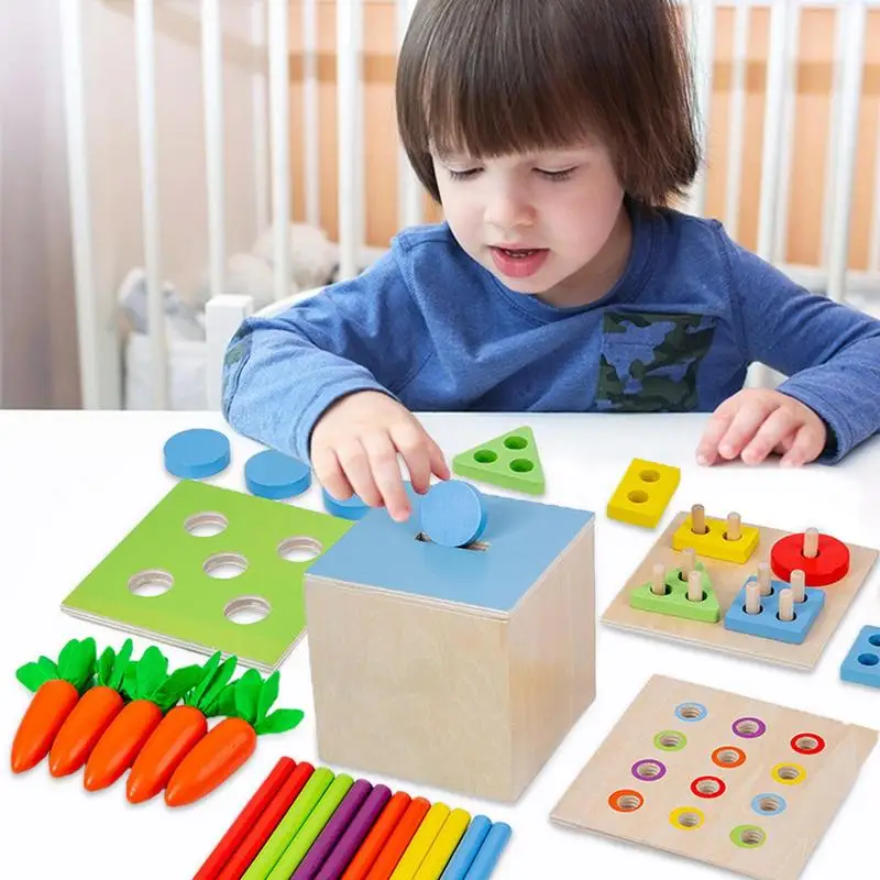 

4 In 1 Montessori Box Wood Match Permanent Box Toddler Infant Coin Box Games Puzzle Toys Baby Kids Hand-Foot Coordination Toys