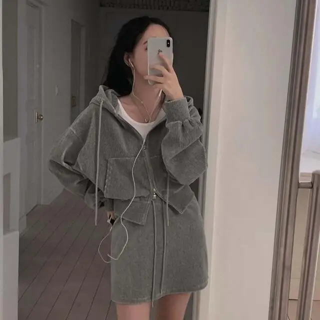 Korean CHic Corduroy Two-piece Skirt Sets Women Hoodie Crop Top Coats Bodycon Mini Skirt Autumn Winter New Outfits Casual Suit