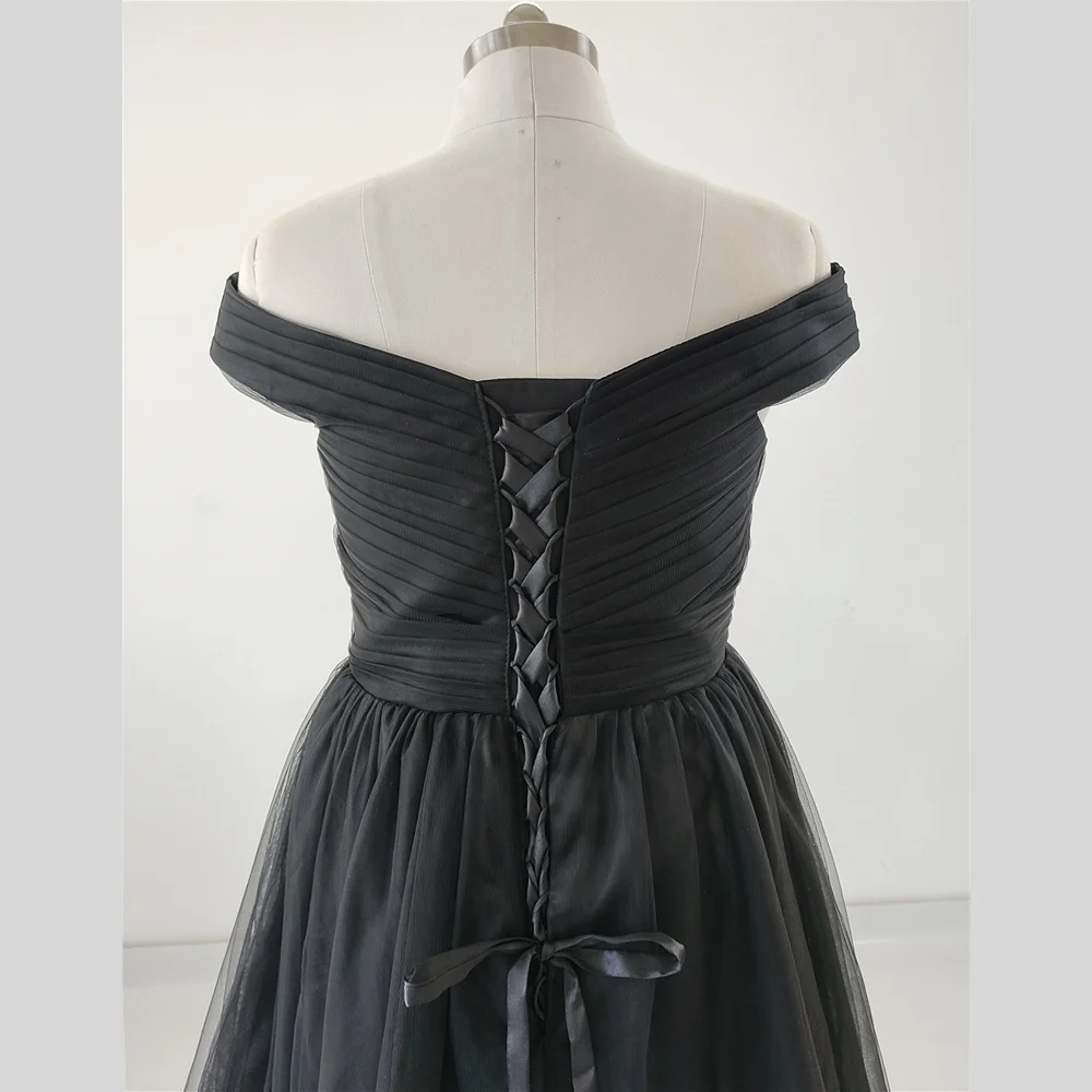 Vestido de cóctel con foto Real para mujer, vestido de tul negro con hombros descubiertos, con cordones por encima de la rodilla, plisado, talla grande, vestido Formal de fiesta, bata personalizada