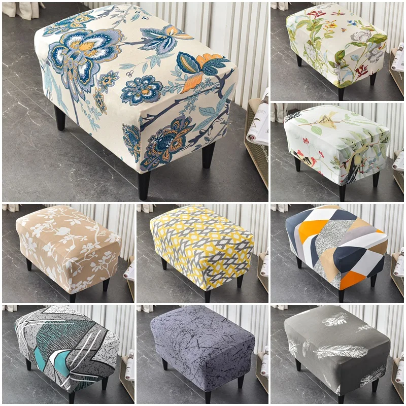 

Flower Printed Footstool Cover Spandex Stool Cover Rectangular Stretch Removable Footrest Cover Living Room Furniture Protector