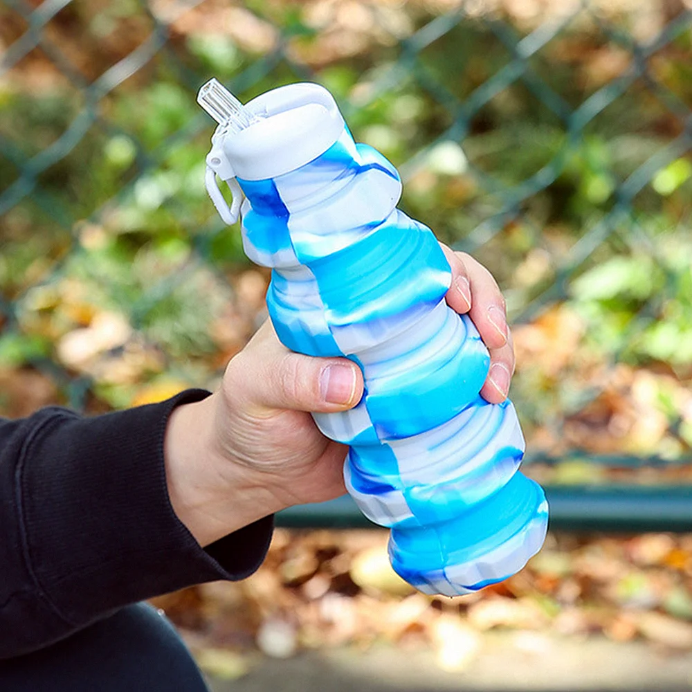17oz 500ml Portable Reuseable Silicone Foldable Collapsible Travel Water Bottle with Rugby Carabiner