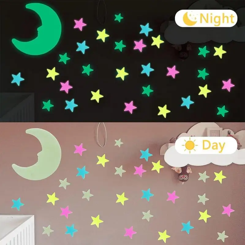Glow In The Dark Ceiling Stickers Star Ceiling Stickers 100 Pieces Moon And Stars Decor Glowing Wall Removable Kids