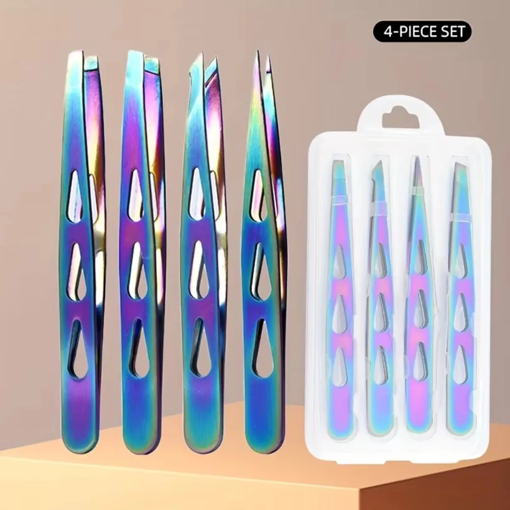 4개 세트 스테인리스 스틸 눈썹 핀셋 뾰족한 팁 다기능 수염 핀셋 휴대용 사선형 눈썹 핀셋
