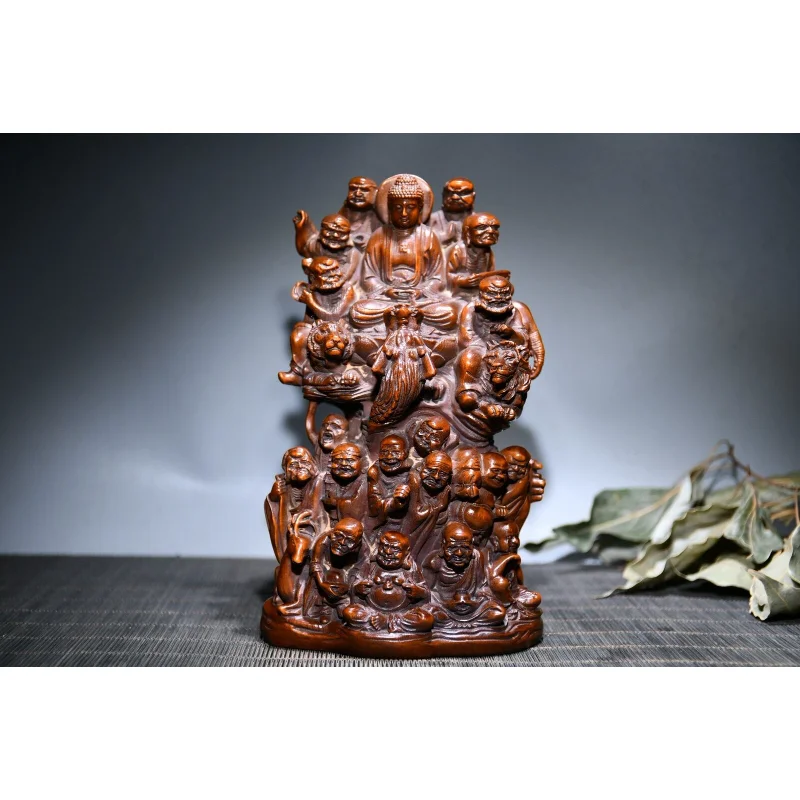 

6.5" Chinese Box-wood Hand Engraving Buddhism Eighteen Arhats Buddha Statue Craft Gift Decoration Home Decore
