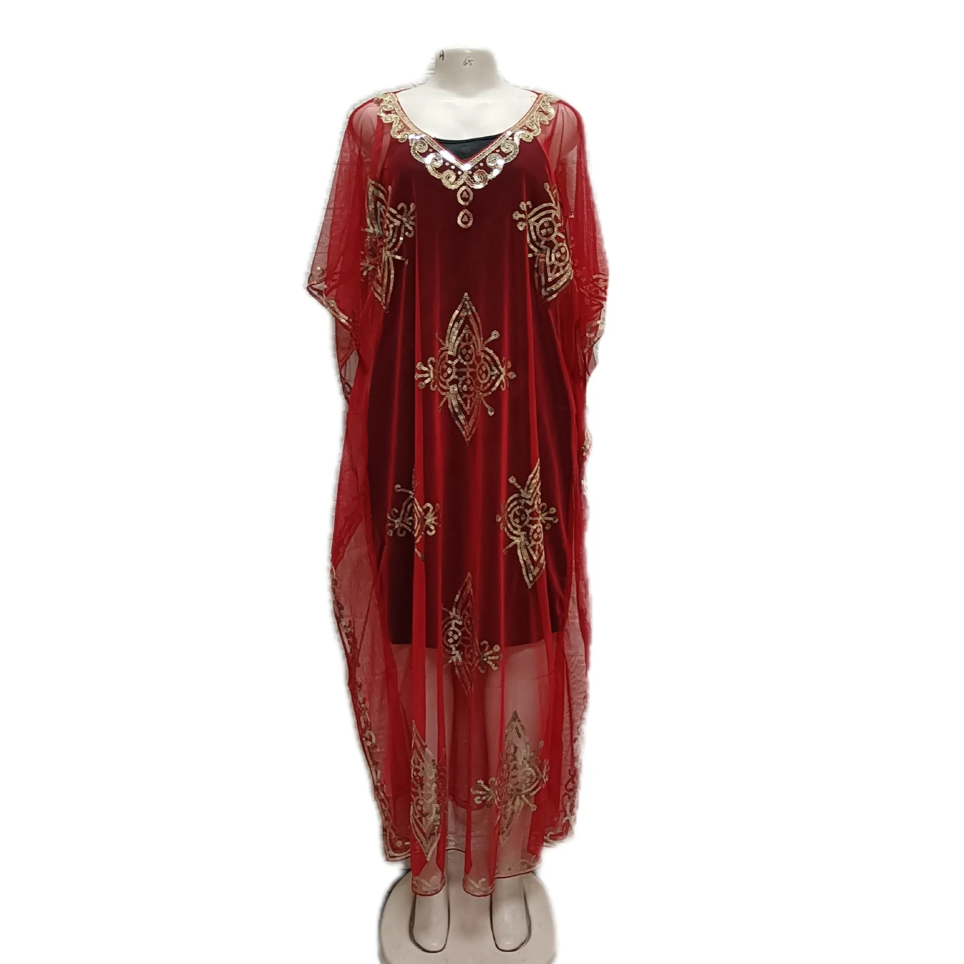 Robe Africaine Longue à Paillettes pour Femme, Demi Manches, Col en V, Couleur Unie, Everhtes, Été 2022