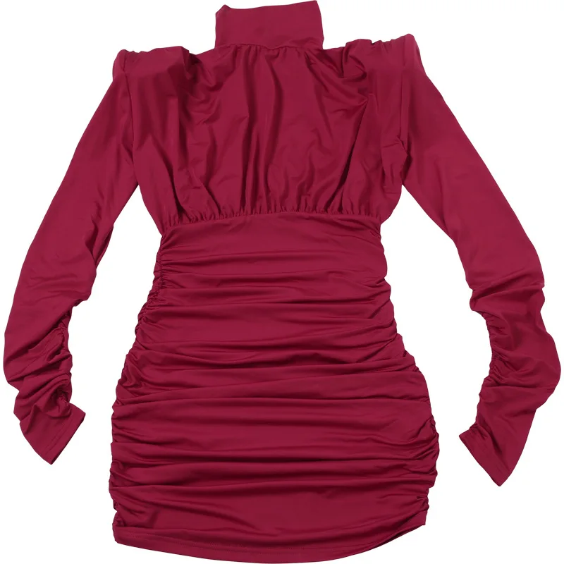 Pleated High Waist Slim Mini Dress Female Fashion Long Sleeve Patchwork Elegant Commute Dress Ladies Solid Autumn Dress