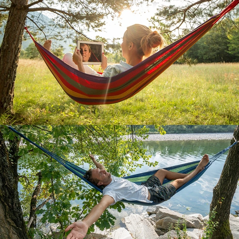 vier keer Installeren Eik Outdoor Streep Hangmat Draagbare Tuin Hangmat Travel Camping Swing Canvas  Hangen Bed Picknick Leisure Bos Swing Anti Rollover| | - AliExpress