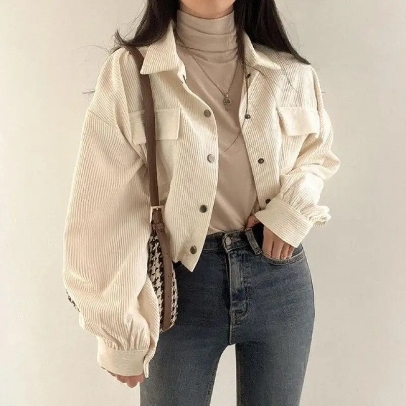 Vintage College Style Jacket Women Autumn Long Sleeve Drawstring Corduroy Coats Female Korean Fashion Casual Streetwear Shirts