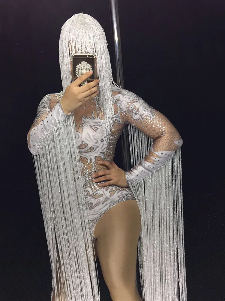 Female Jumpsuit Crystals Fringe Tassels Sleeve Stones Bodysuit For Singer Dancer Nightclub Stage Party