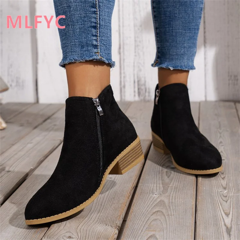 Round toe low heel side zipper fashion boots New European and American fashion short boots women's shoes