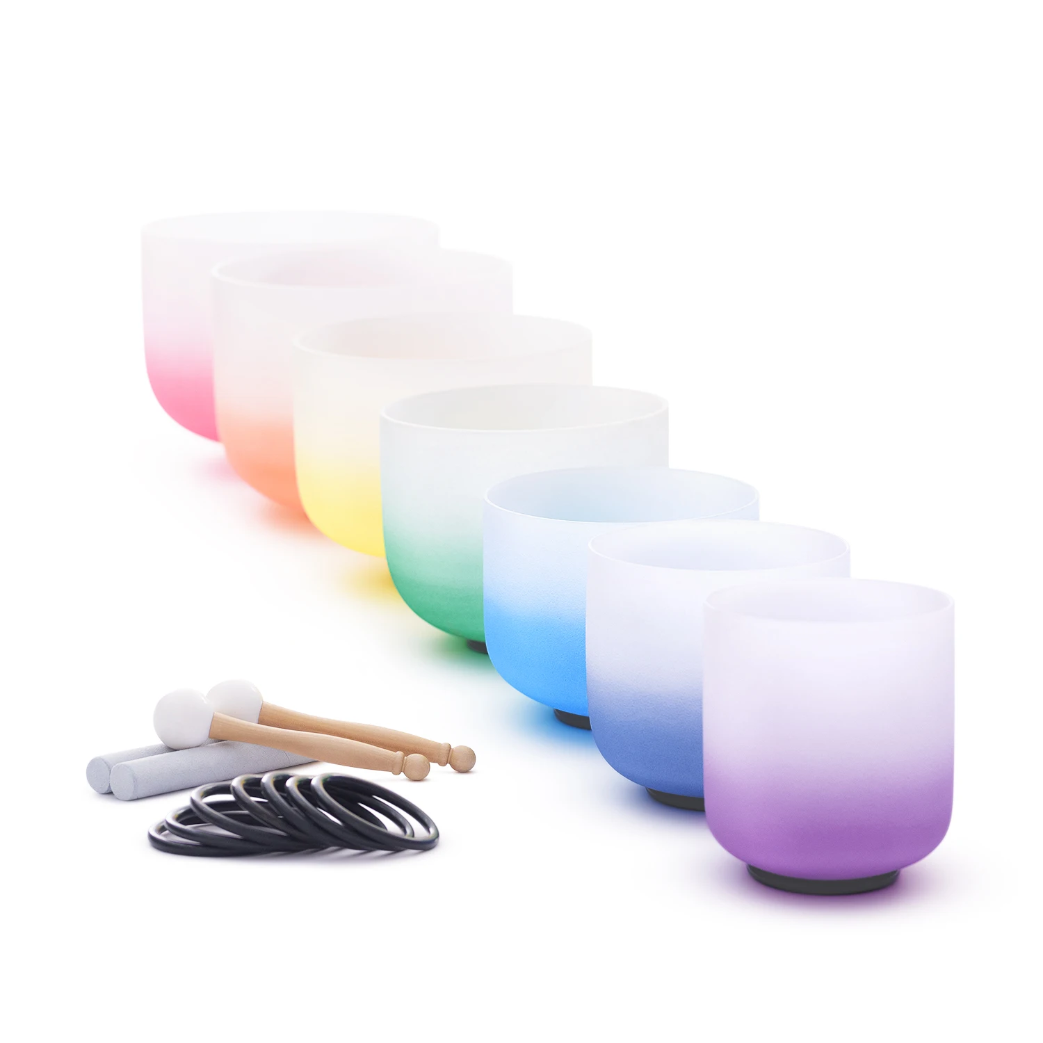 Hye-eun 6-12 Inch 7pcs 432HZ CDEFGAB Note Color Aria Gradient Frosted Quartz Crystal Singing Bowl Chakra Set with Carrying Case