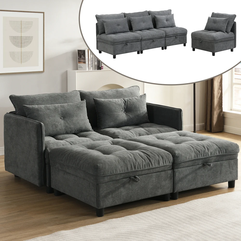 Modulares, trennbares 4-Sitzer-Sofa-Set – multifunktionales Schlafsofa, frei kombinierbar, Chenille-Bezug mit vollständiger Sitzkissen-Aufbewahrung – Detail 4