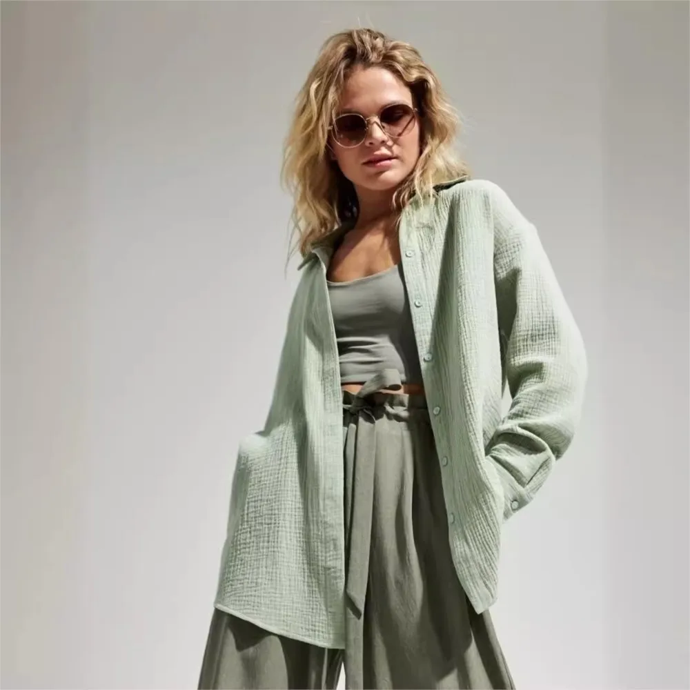 2024 Women's Spring Summer Cotton Solid Lapel Crepe Shirts Office Lady  Fashionable Lady Long Sleeve Loose Tops Y2k Work Blouse