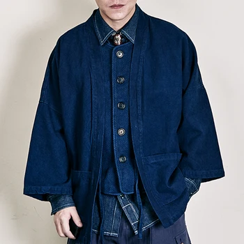 Vintage Kendo Indigo Jacket Men Heavy Weight Cotton Linen Pockets Blue Dyed Jacket Autumn Male Loose Casual Cardigan Jacket Coat