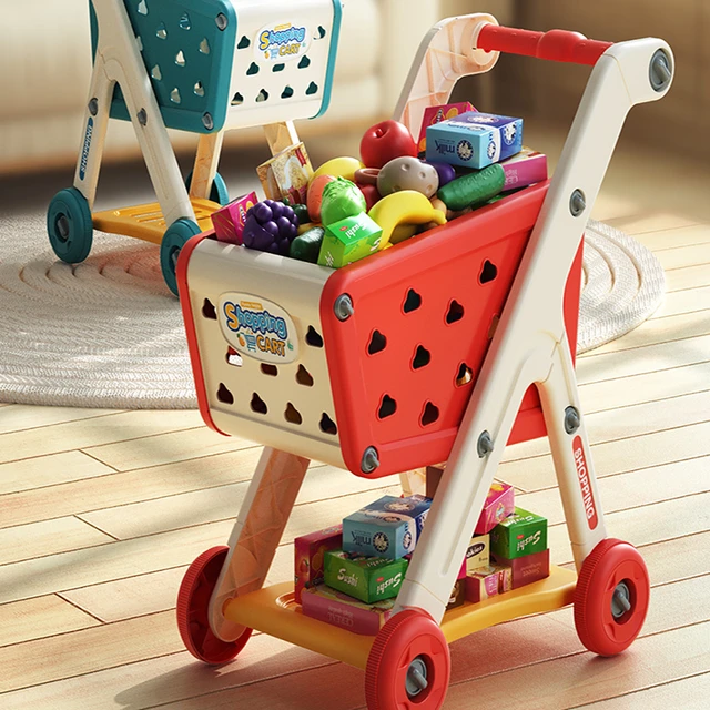 Carrito de compras para niños, carrito de compras de juguete con cesta y  juego de alimentos de 24 piezas, carrito de compras pequeño, carrito de