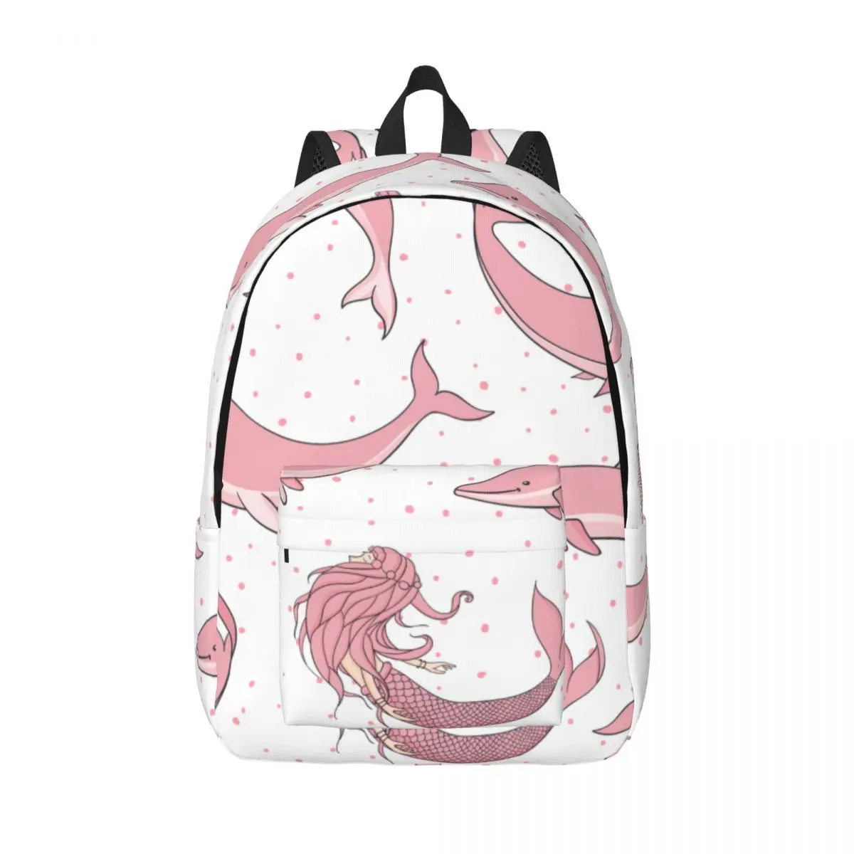 

Рюкзак унисекс для путешествий, школьный ранец для книг с розовыми китами, подругами, нарвалами и дельфинами на пунктирном фоне
