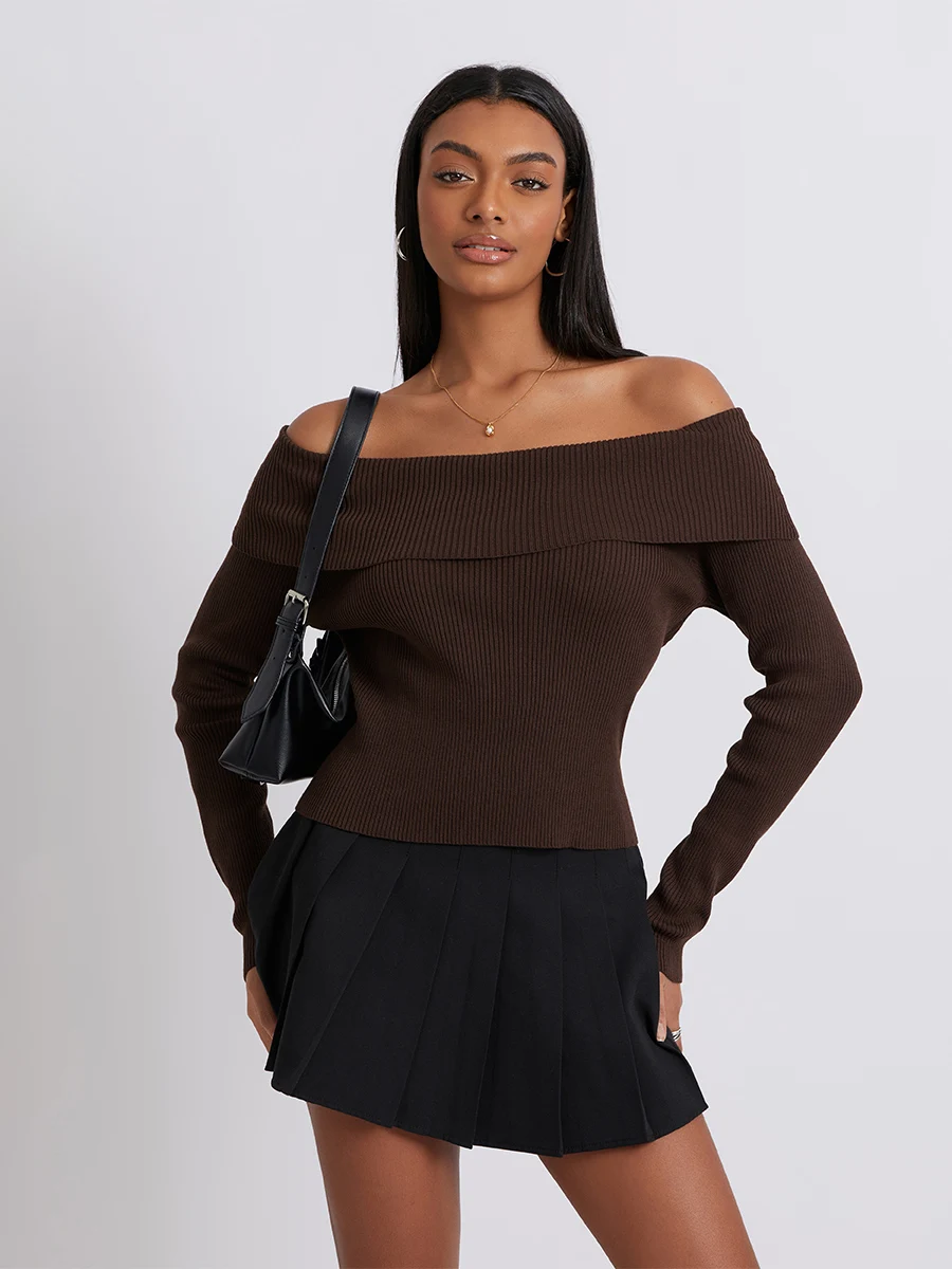 

Women Ribbed Knit Tops Solid Color Slim Fi Off Shoulder Long Sleeve Knitwear Streetwear Aesthetic Tops