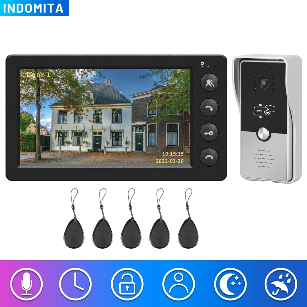 Indomita Videocitofono cablato per casa, videocitofono per appartamento, campanello stradale con schermo da 7 pollici, pannello di chiamata RFID impermeabile esterno, supporto per sblocco serratura elettronica