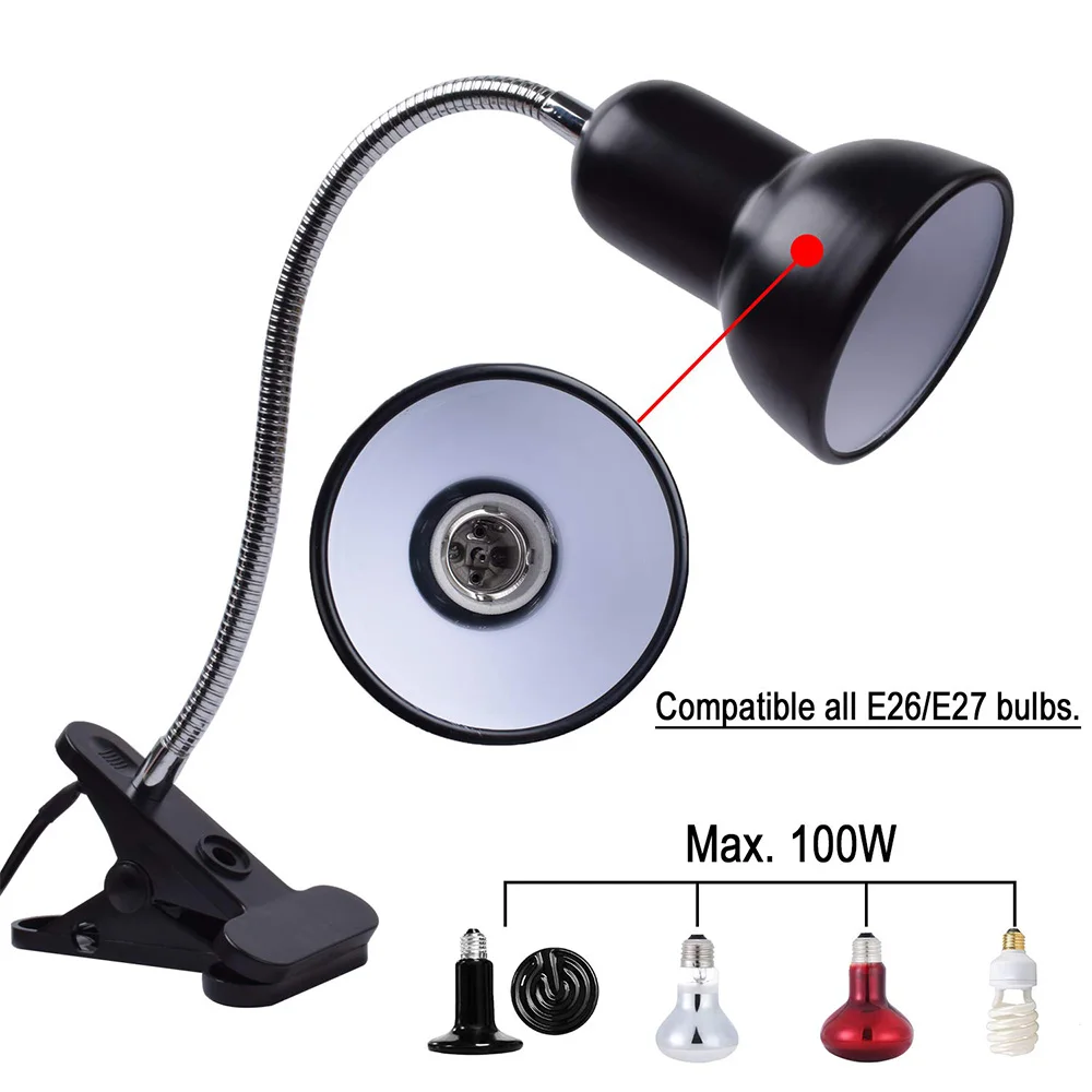 UVA+UVB Reptile Heating Lamp Holder E27 Ceramic Light Bulb Lampshade Gooseneck Lamp Bracket For Calcium Supplement Light Clip-on
