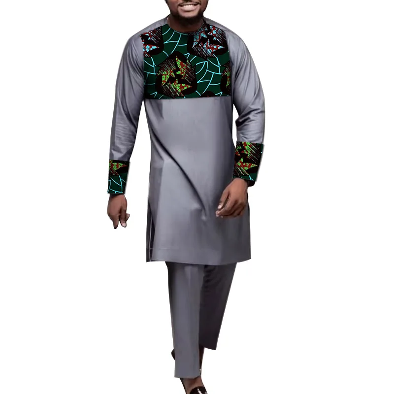 Grey Men's Sets Patchwork Shirt With Solid Pant Cotton Long Sleeves Male Groom Suit Nigerian Print African Wedding Outfits