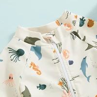 Children Baby Boys Zipper Swimwear + Hat Swimsuit Sun Protection Toddler Beachwear Short Sleeve Animal Print Bathing Suit 4