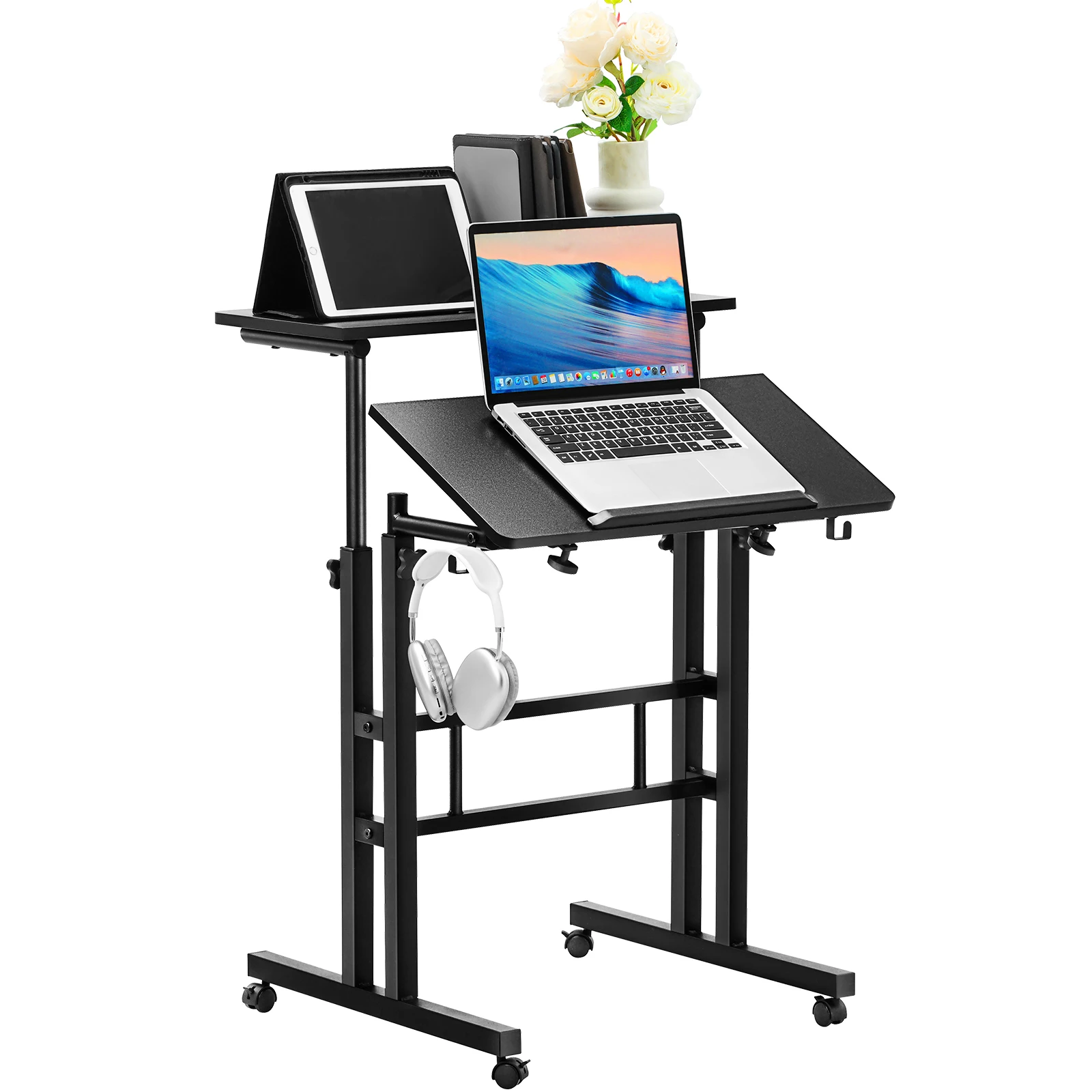 Sit-Stand Desk VEVOR 26.4"-44.9" Gas-Spring Height Adjustable 360&deg; Swivel Wheels Home Office Rolling Laptop Tiltable