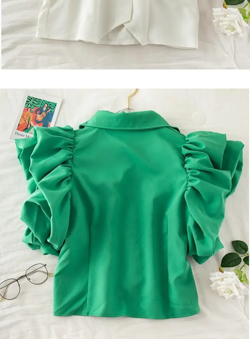 รูปสินค้า เสื้อเชิ้ตทรงโคมไฟ ฤดูร้อน 2026 สีดำ ขาว