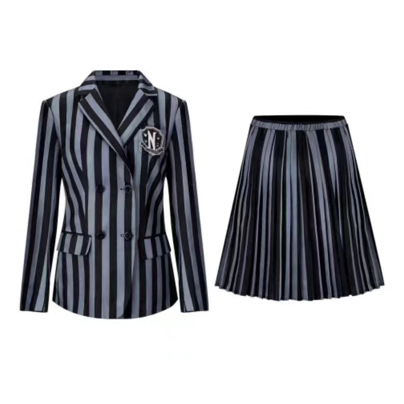 

Adult Kids Addams Family Wednesday Addams Cosplay Costumes School Uniform Woman Jacket Skirt Suit Stage Halloween Party Costumes