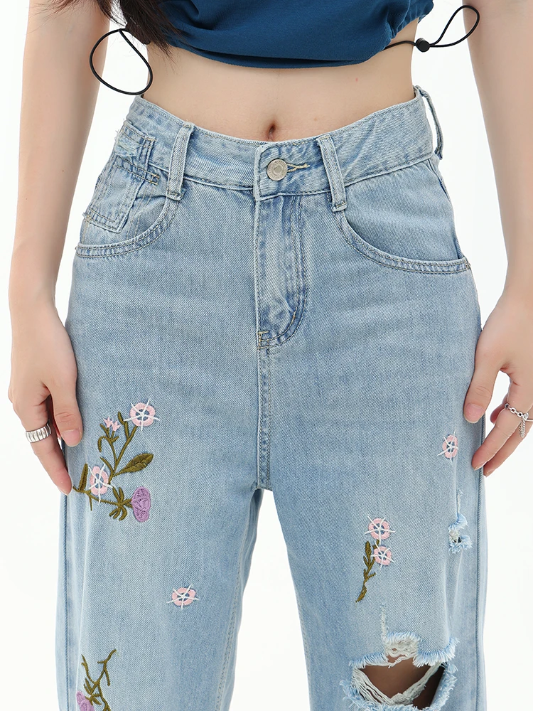 Embroidered Floral Vintage Ripped Holes Jeans Women Y2K Loose Casual Harajuku Denim Pants Streetwear Wide Leg High Waist Trouser