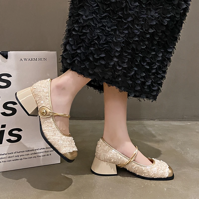 Aphixta 2024 New 5cm Med Heels Mary Janes Square Toe Silk Upper Women Shoes Elegant Shallow Pumps tacones para mujer