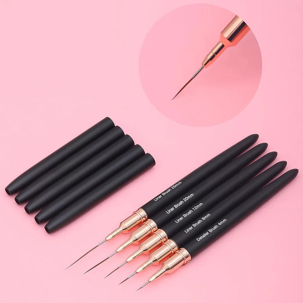 Black Nail Art Liner Brushes 5Sizes Painting Nail Design Pen /8/12/20/25mm Drawing Tool for Long Lines Thin Details Manicure Pen 4