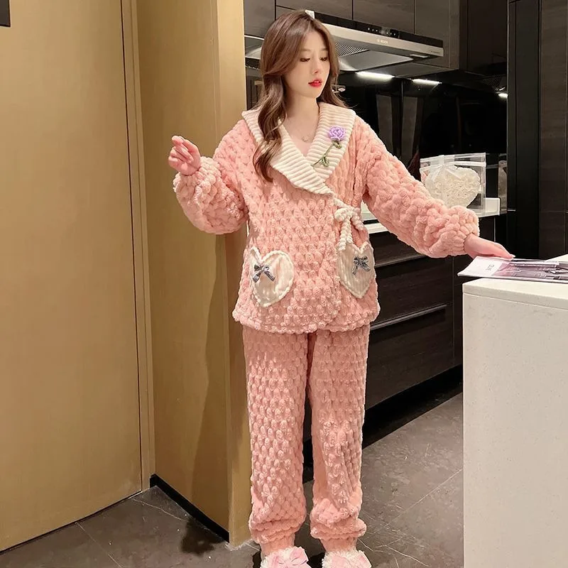 2024 New Coral Velvet Winter Pajamas Plus Velvet Padded Loungewear Suit Women V-neck Lacing Homewear Thicken Warm Sleepwear