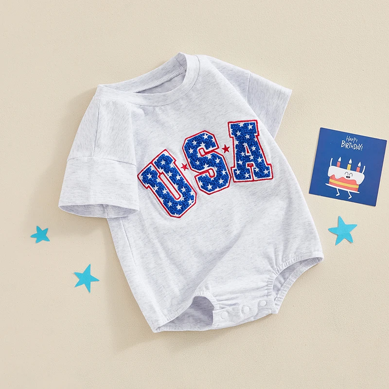 

Newborn Baby Boy Girl 4th of July Outfit Letter Print Romper Bodysuit July Fourth Clothes Short Sleeve Top