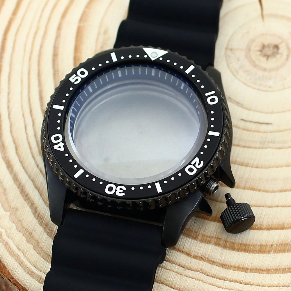 42,5 mm schwarzes Uhrengehäuse mit AR-Doppelbogen-Saphirglas für NH35 NH36 Automatikwerk mit Kapitelring und Kautschukarmband, SKX007-Ersatzteil – Detail 2